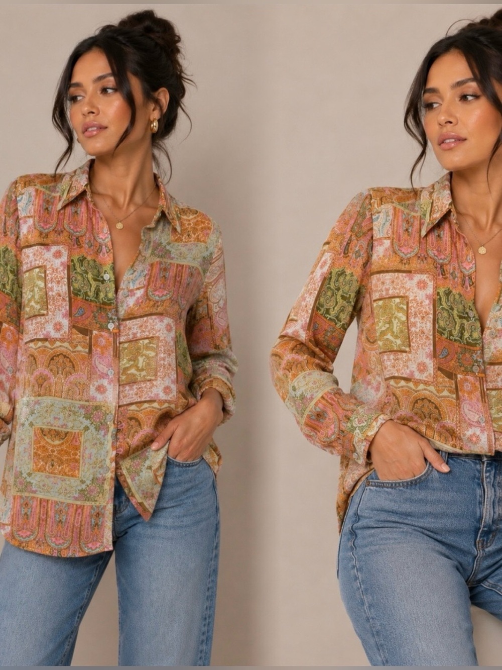 ROSE + OLIVE | MEDIUM PATCHWORK PAISLEY BUTTON UP LONG SLEEVE BLOUSE MULTI-COLOR